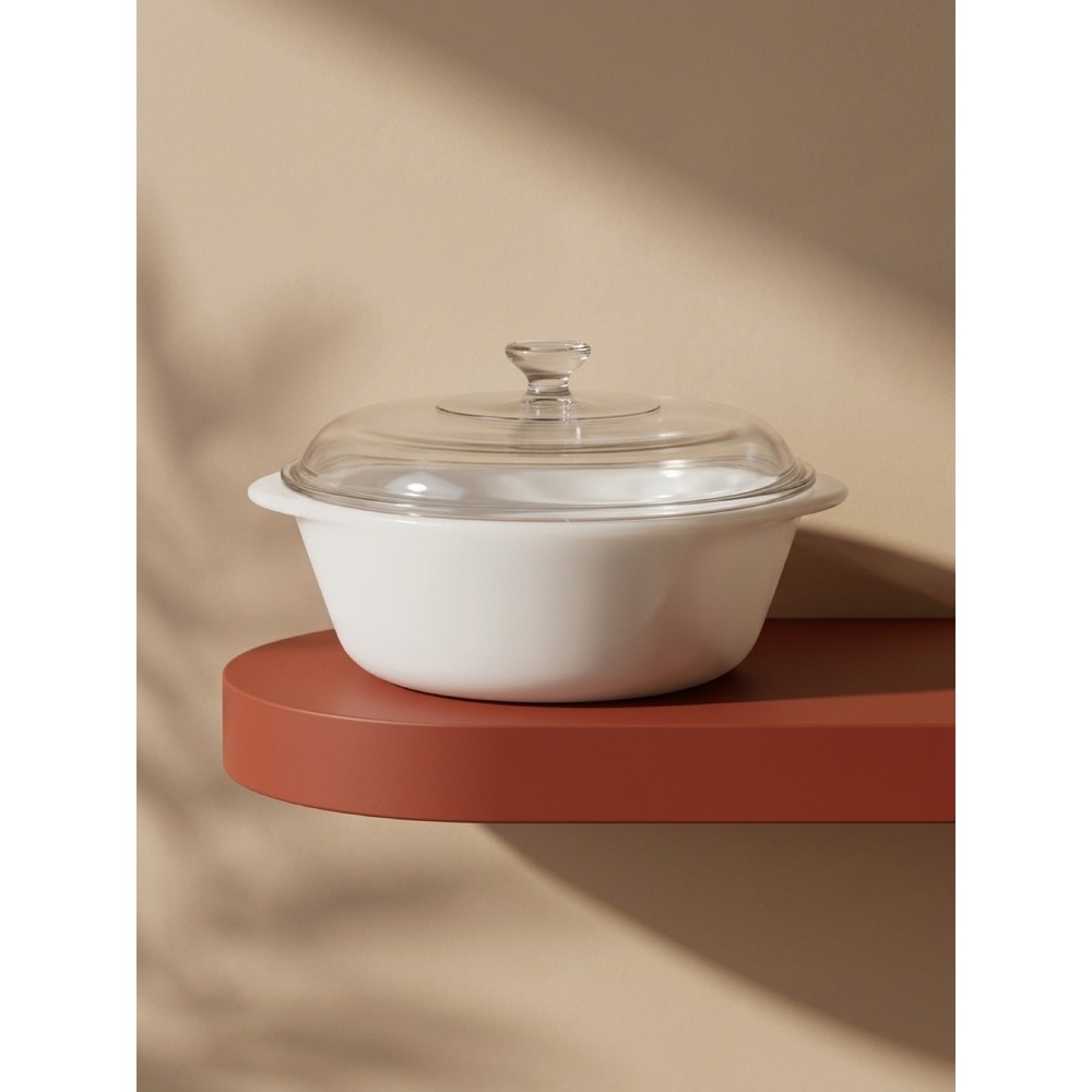 Vintage Glasbake Milk Glass Casserole Dish with Clear Glass Lid Round White